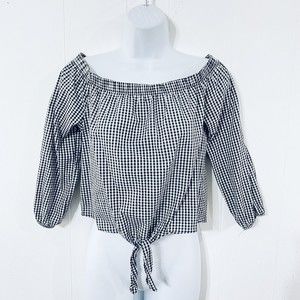 Ivy and Main TIE WAIST Cropped M Black White GINGHAM On Off Shoulder 3/4 Sleeves